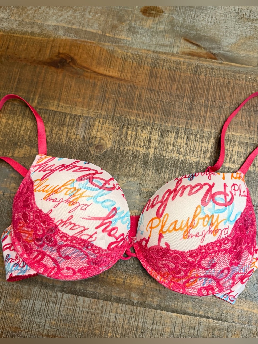 Y2k Playboy Intimates Underwire Pink lace Spell Out colorful Push Up Bra